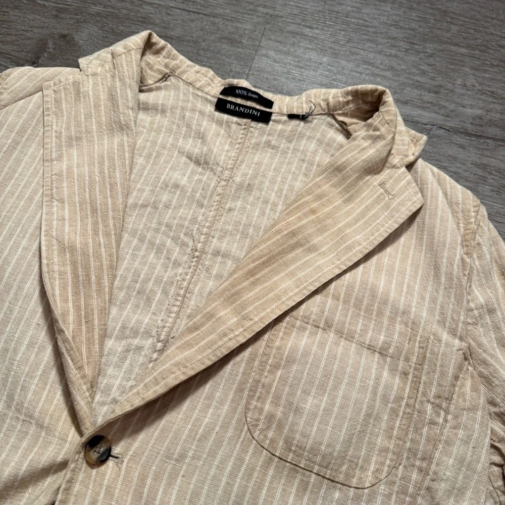 Brandini Sport Coat Mens 46 Beige Pinstripe 100% Linen Unstructured Blazer Adult